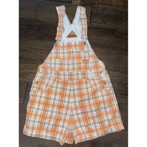 VTG 90's NO BOUNDARIES Orange Check Plaid Short Overalls Junior M